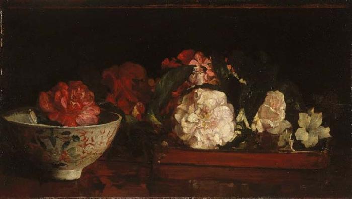 John La Farge Flowers on a Japanese Tray on a Mahogany Table